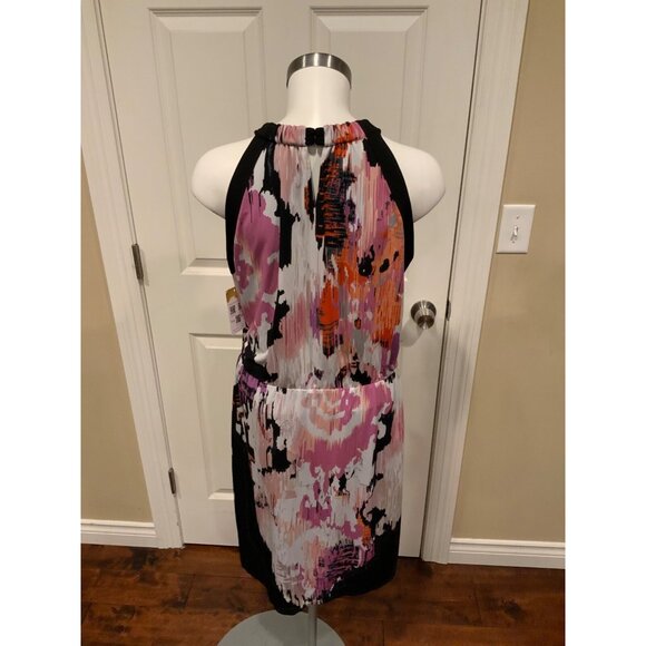 T Tahari Black & Pink Splatter Print W/ Ring Neck Dress, Size Large - Picture 6 of 7